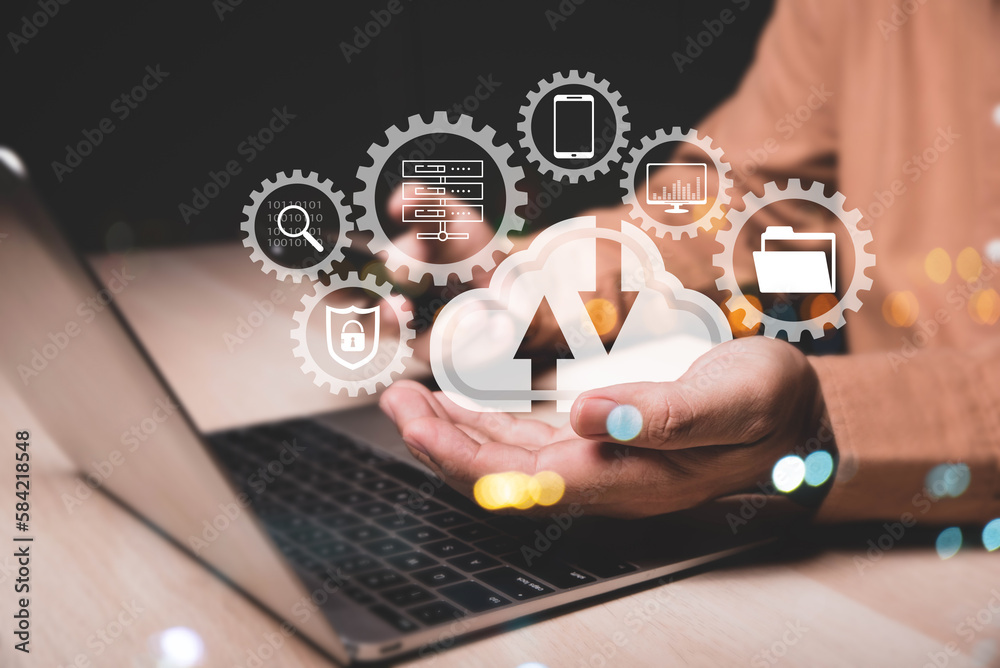 Poster Cloud technology. Data storage. Networking and internet service concept. man showing virtual screen with cloud computing diagram.