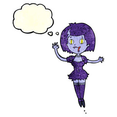 cartoon happy vampire girl with thought bubble