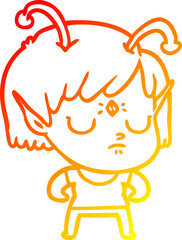warm gradient line drawing cartoon alien girl