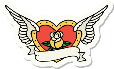 tattoo style sticker of a flying heart with flowers and banner