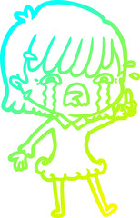 cold gradient line drawing cartoon girl crying