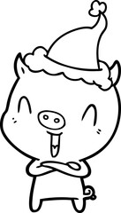 happy line drawing of a pig wearing santa hat