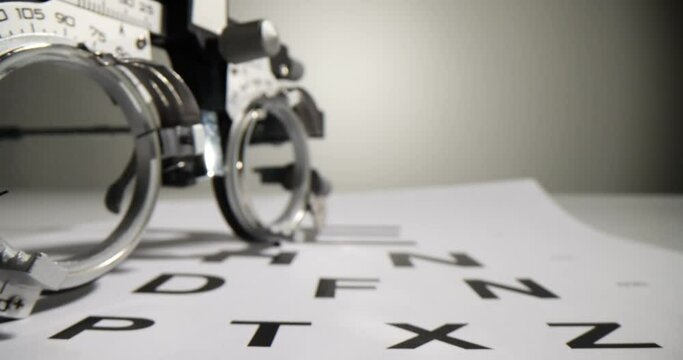 Glasses for checking vision on table with letters closeup 4k movie