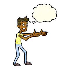 cartoon man desperately explaining with thought bubble
