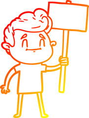 warm gradient line drawing happy cartoon man with sign