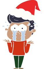 flat color illustration of a crying man wearing santa hat