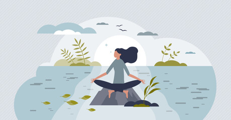Fototapeta na wymiar Mindfulness meditation, mental peace and yoga in nature tiny person concept. Calm balance with relaxation and wellness vector illustration. Spiritual mental practice with outdoors lotus posture.