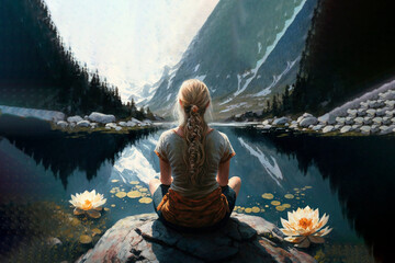 girl sitting in the lotus position in the mountains	 - obrazy, fototapety, plakaty