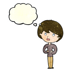 cartoon woman making Who Me? gesture with thought bubble
