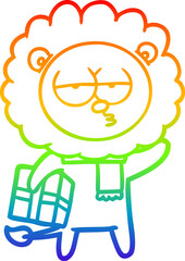 rainbow gradient line drawing cartoon tired lion with gift