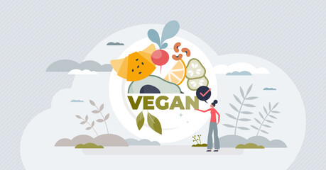 Vegan lifestyle with balanced natural plant based diet tiny person concept. Avoid meat and dairy products for nature friendly and healthy cuisine vector illustration. Meal with vegetables and nuts.