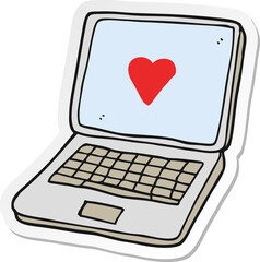sticker of a cartoon laptop computer with heart symbol on screen