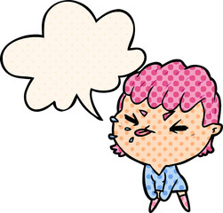 cute cartoon rude girl and speech bubble in comic book style