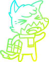 cold gradient line drawing angry cartoon fox with gift