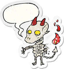 cartoon spooky skeleton demon and speech bubble distressed sticker