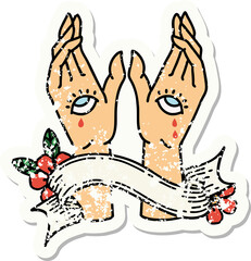 grunge sticker with banner of mystic hands