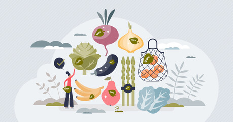 Organic food eating and ecological groceries shopping tiny person concept. Natural bio vegetables and fruits consumption for healthy meals vector illustration. Seasonal biological nutrition diet.