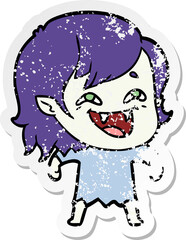 distressed sticker of a cartoon laughing vampire girl