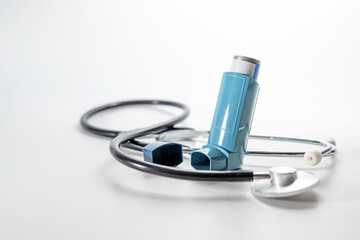 Meter-dosed inhaler, also known as pump or allergy spray for asthma or COPD and a blurry...