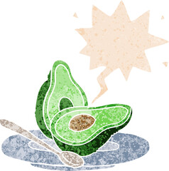 cartoon avocado and speech bubble in retro textured style