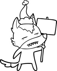 line drawing of a wolf with sign post showing teeth wearing santa hat