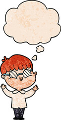 cartoon boy wearing spectacles and thought bubble in grunge texture pattern style