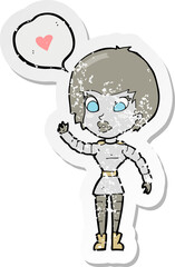 retro distressed sticker of a cartoon robot woman
