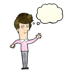 cartoon bored man waving with thought bubble