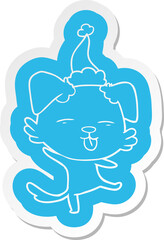 cartoon  sticker of a dancing dog wearing santa hat