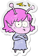 distressed sticker of a cartoon alien girl