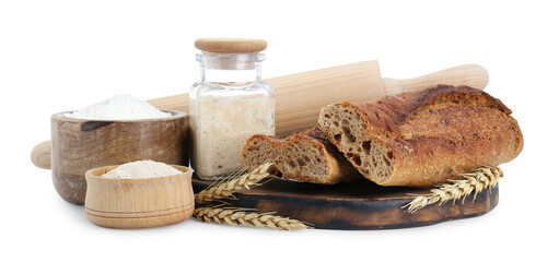 Freshly baked bread, sourdough and other ingredients on white background