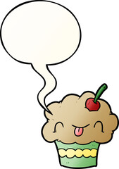 funny cartoon cupcake and speech bubble in smooth gradient style