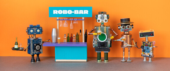 Robo bar. Miniature toy pub with glassware, alcoholic drinks. Robot bartender and robotics guests with beer wine champagne. Booze party concept or restaurant bar business