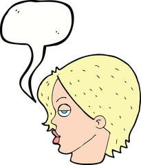 cartoon woman raising eyebrow with speech bubble