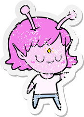 distressed sticker of a cartoon alien girl
