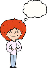 cartoon happy woman with thought bubble