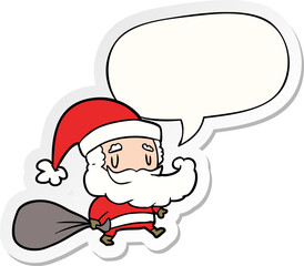 cartoon santa claus carrying sack of presents and speech bubble sticker