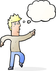 cartoon worried man pointing with thought bubble