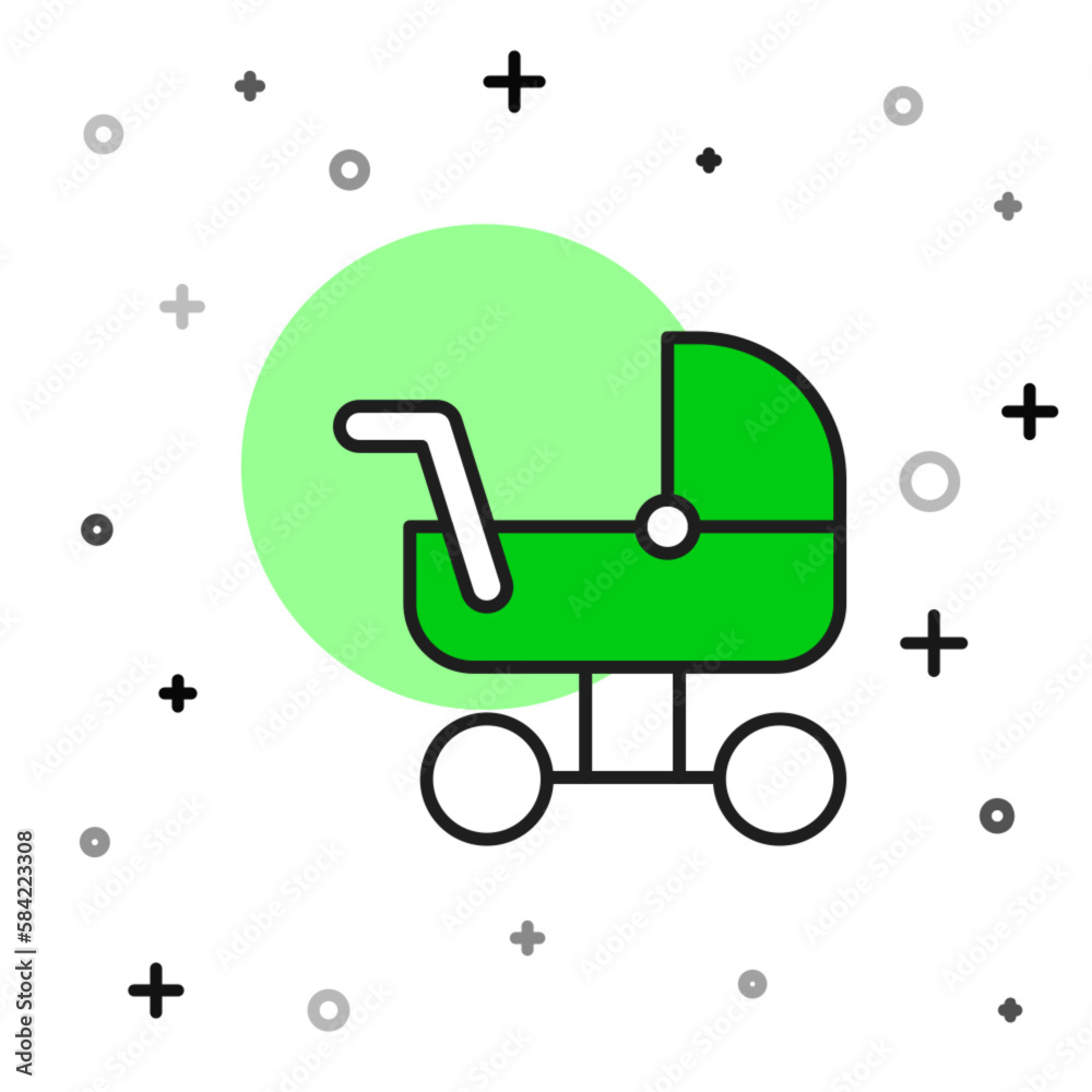 Sticker Filled outline Baby stroller icon isolated on white background. Baby carriage, buggy, pram, stroller, wheel. Vector