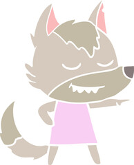 friendly flat color style cartoon wolf girl pointing