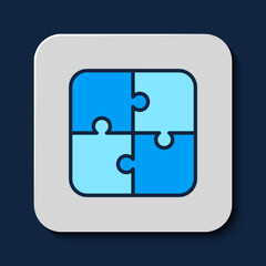 Obraz premium Filled outline Puzzle pieces toy icon isolated on blue background. Vector