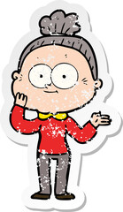 distressed sticker of a cartoon happy old woman