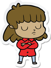 sticker of a cartoon indifferent woman folding arms