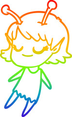 rainbow gradient line drawing smiling alien girl cartoon floating