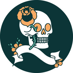 icon with banner of a skull and rose