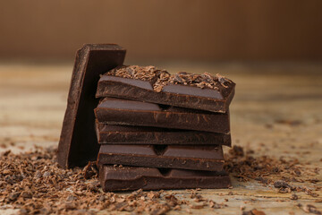 Pieces and shavings of tasty chocolate on wooden table, closeup