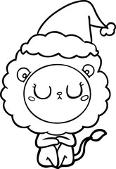 line drawing of a lion wearing santa hat