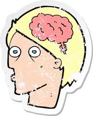 retro distressed sticker of a cartoon head with brain symbol