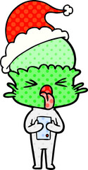 disgusted comic book style illustration of a alien wearing santa hat