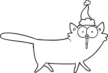 line drawing of a cat wearing santa hat